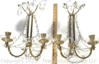 Pair of Neoclassical Two Light Crystal Wall Mount Candle Sconces