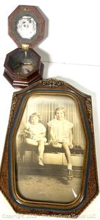 Colonial Williamsburg Reproduction Octagon Wood Tea Caddy (5x5x5") and Vintage Wood Framed Photograph of Young Sisters.