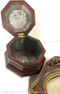 Colonial Williamsburg Reproduction Octagon Wood Tea Caddy (5x5x5") and Vintage Wood Framed Photograph of Young Sisters.