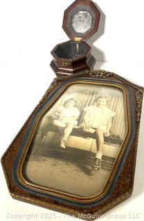 Colonial Williamsburg Reproduction Octagon Wood Tea Caddy (5x5x5") and Vintage Wood Framed Photograph of Young Sisters.
