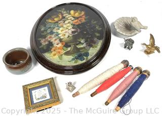 Includes Fireplace Screen, Yarn Winders, Small Cement Bird Bath and Goose Flight Paperweight.