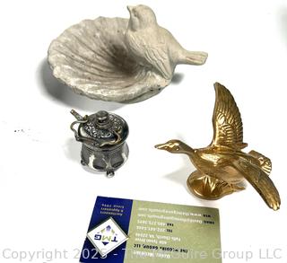 Includes Fireplace Screen, Yarn Winders, Small Cement Bird Bath and Goose Flight Paperweight.