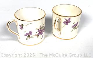 ?????? Ceramic and Blue Glass Grouping: Royal Winton sugar and creamer set and two Hammersley Mugs