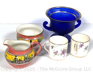 ?????? Ceramic and Blue Glass Grouping: Royal Winton sugar and creamer set and two Hammersley Mugs