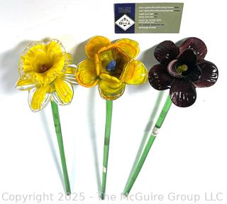 Set of Three (3) Blown Glass Flowers with Stems