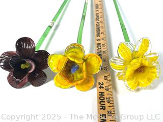 Set of Three (3) Blown Glass Flowers with Stems