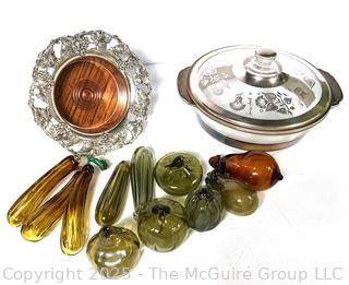 Silver Plated Wine Bottle Coaster, Glass Casserole and Group of Blown Glass Fruit