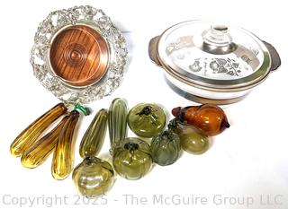 Silver Plated Wine Bottle Coaster, Glass Casserole and Group of Blown Glass Fruit