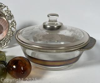 Silver Plated Wine Bottle Coaster, Glass Casserole and Group of Blown Glass Fruit
