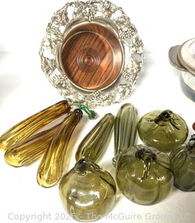 Silver Plated Wine Bottle Coaster, Glass Casserole and Group of Blown Glass Fruit