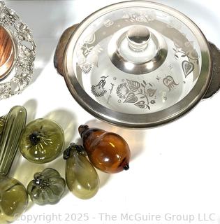 Silver Plated Wine Bottle Coaster, Glass Casserole and Group of Blown Glass Fruit