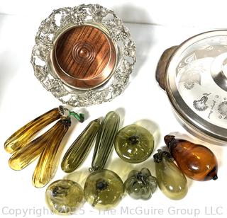 Silver Plated Wine Bottle Coaster, Glass Casserole and Group of Blown Glass Fruit