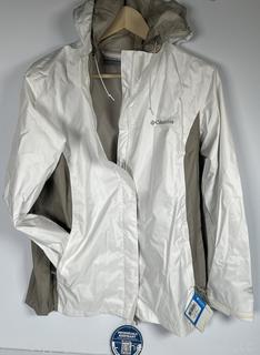 Women's White and Grey Rain Jacket by Columbia, Large. New with Tags