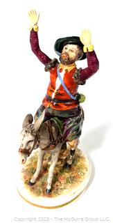 Sancho Panza Statuette, Gilt Rimmed Bowl, Glass Crystal Vase and Framed Crewel Doily