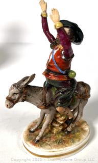 Sancho Panza Statuette, Gilt Rimmed Bowl, Glass Crystal Vase and Framed Crewel Doily