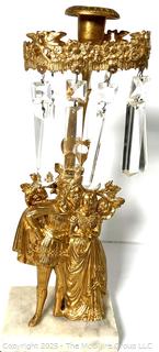 Mid 19th Century Gold Gilt Girandole Candlestick with Stone Base and Lustres. (Description Changed 5/2/25 @ 1:30pm) 
