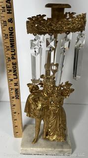 Mid 19th Century Gold Gilt Girandole Candlestick with Stone Base and Lustres. (Description Changed 5/2/25 @ 1:30pm) 
