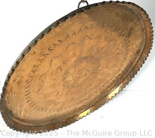 ????????????????? Large Copper colored Metal Tray with ornamental designs 22" D w/Loop for hanging on wall