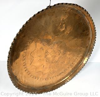 ????????????????? Large Copper colored Metal Tray with ornamental designs 22" D w/Loop for hanging on wall
