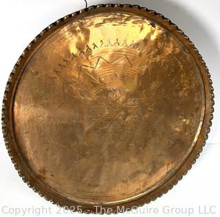 ????????????????? Large Copper colored Metal Tray with ornamental designs 22" D w/Loop for hanging on wall