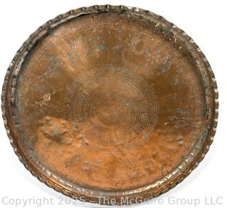 Large Hammered Metal Tray with Ornamental Designs. Measures 22" D