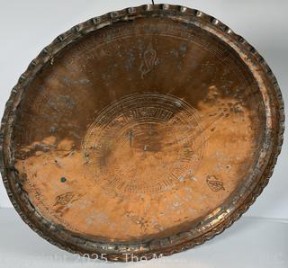Large Hammered Metal Tray with Ornamental Designs. Measures 22" D