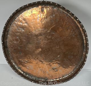 Large Hammered Metal Tray with Ornamental Designs. Measures 22" D
