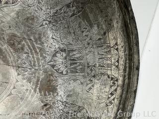 Large Metal Tray with Middle Eastern Decoration 26" D