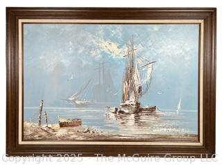 Framed Oil on Canvas of Seascape with Sail Boat, Signed By Artist Billy Wilder. 30" x 42"
