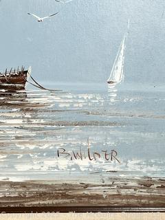Framed Oil on Canvas of Seascape with Sail Boat, Signed By Artist Billy Wilder. 30" x 42"