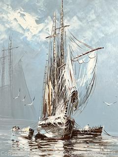 Framed Oil on Canvas of Seascape with Sail Boat, Signed By Artist Billy Wilder. 30" x 42"