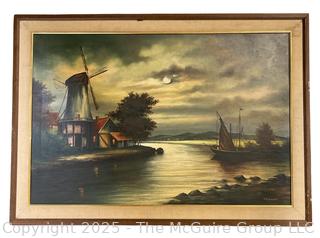 Framed Oil on Canvas of Dutch Scene with Windmills Signed by Dutch Artist K Warnaar.  Measures 29" x 41"