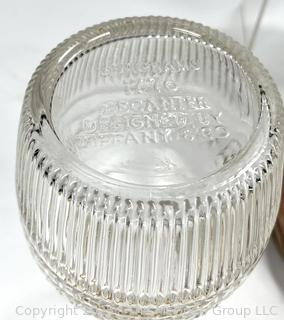 ????????????????? Two section serving dish in MCM Teak footed server; Pair of Vintage Crystal Double Taper Candle Holders; Crystal Decanter and Lidded Bowl