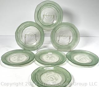 Seven (7) Frost Green to Clear Handblown Glass Swirl Plates. 8" 