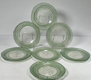Seven (7) Frost Green to Clear Handblown Glass Swirl Plates. 8" 