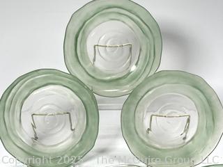 Seven (7) Frost Green to Clear Handblown Glass Swirl Plates. 8" 