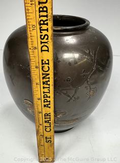 Japanese Bronze Vase With Carved Detailing of Ducks and Flowering Branches. Measures 10” Tall
