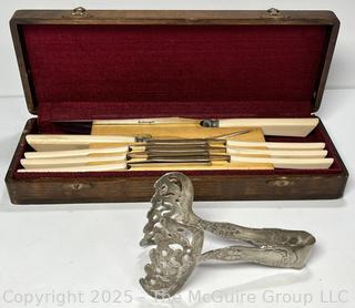 Cattaraugus Cutlery Acrylic Ivory Set w Wooden Case: 8 pc Steak Knife Carving Knife + Fork Set AND Plated Tongs