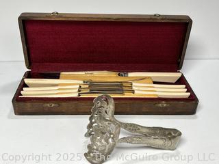 Cattaraugus Cutlery Acrylic Ivory Set w Wooden Case: 8 pc Steak Knife Carving Knife + Fork Set AND Plated Tongs