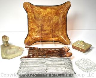 WILTON ARMETALE PEWTER /METAL Asparagus Tray, Serving Dish 11.5 L, 1.5 H; Mid Century Plastic Ruffled Edge Square Salad Bowl with Twisted Serving Pieces and trivet; Carved alabaster stone bowl and box