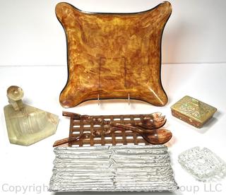 WILTON ARMETALE PEWTER /METAL Asparagus Tray, Serving Dish 11.5 L, 1.5 H; Mid Century Plastic Ruffled Edge Square Salad Bowl with Twisted Serving Pieces and trivet; Carved alabaster stone bowl and box