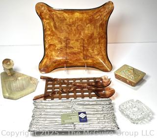 WILTON ARMETALE PEWTER /METAL Asparagus Tray, Serving Dish 11.5 L, 1.5 H; Mid Century Plastic Ruffled Edge Square Salad Bowl with Twisted Serving Pieces and trivet; Carved alabaster stone bowl and box