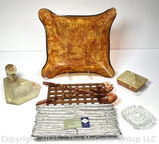 WILTON ARMETALE PEWTER /METAL Asparagus Tray, Serving Dish 11.5 L, 1.5 H; Mid Century Plastic Ruffled Edge Square Salad Bowl with Twisted Serving Pieces and trivet; Carved alabaster stone bowl and box