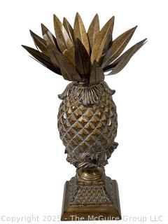 17" Tall Gold Pineapple Decorative Item on Square Plinth. Some of the Top Crown Leaves Have Been Bent