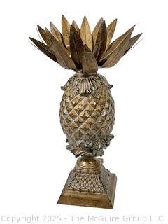 17" Tall Gold Pineapple Decorative Item on Square Plinth. Some of the Top Crown Leaves Have Been Bent
