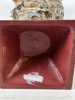 17" Tall Gold Pineapple Decorative Item on Square Plinth. Some of the Top Crown Leaves Have Been Bent
