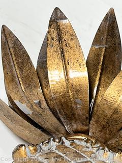 17" Tall Gold Pineapple Decorative Item on Square Plinth. Some of the Top Crown Leaves Have Been Bent