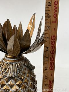 17" Tall Gold Pineapple Decorative Item on Square Plinth. Some of the Top Crown Leaves Have Been Bent