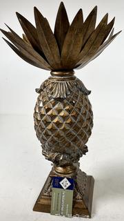 17" Tall Gold Pineapple Decorative Item on Square Plinth. Some of the Top Crown Leaves Have Been Bent