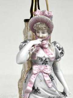 Antique Ernst Bohne Blue Anchor Hallmark Parlor Lamp.  Woman with Pink Bow Dress. 
 